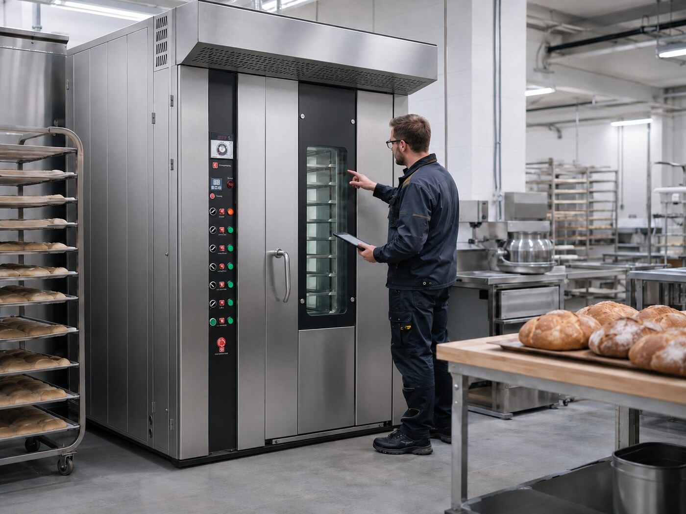GRACE engineer commissioning a rotary rack bakery oven on a project site with real dough