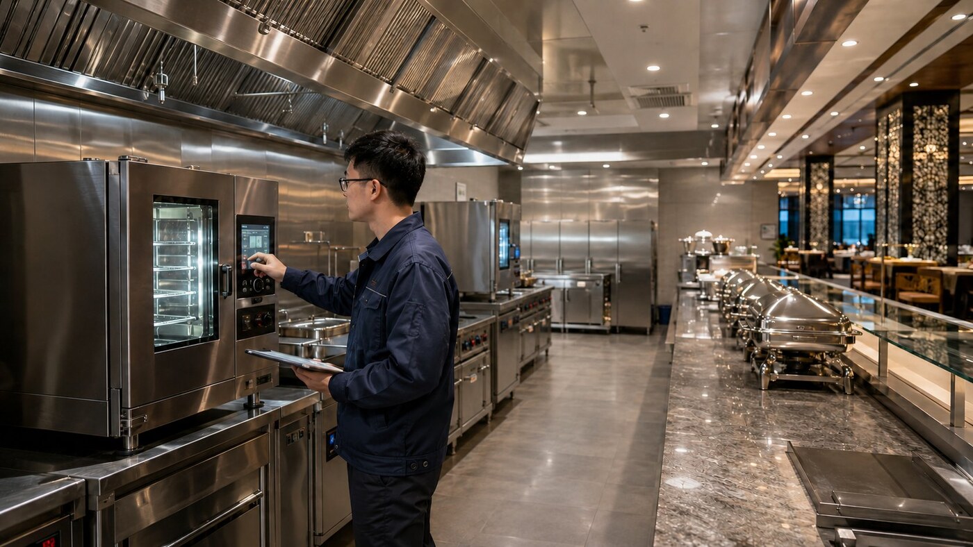 GRACE engineer commissioning combi oven on banquet project site with buffet chafing dish service line in background