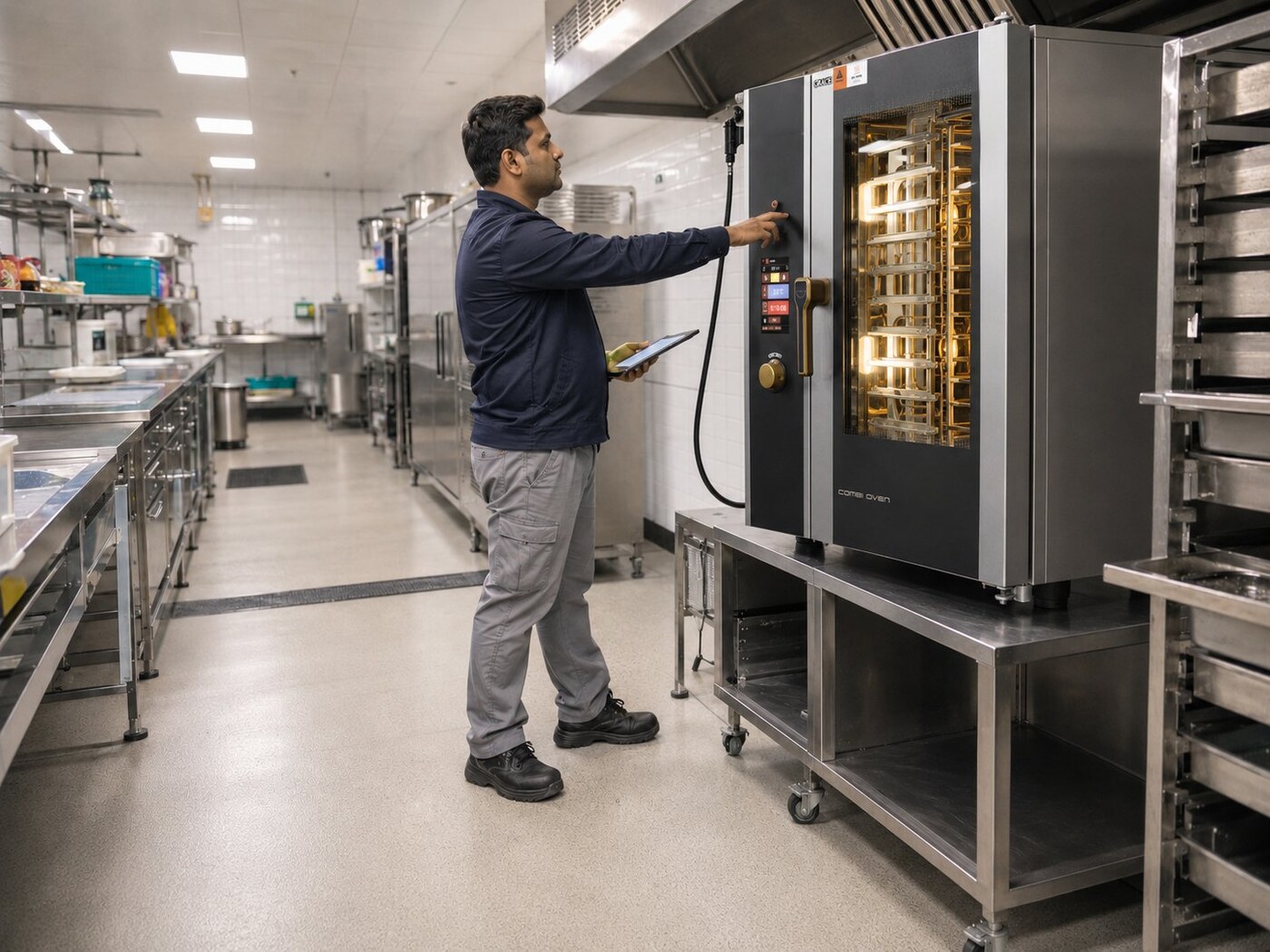 GRACE engineer commissioning a combi oven on a central kitchen project site