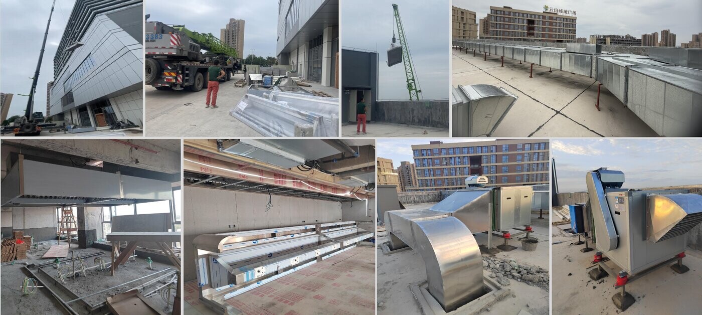 GRACE engineers installing commercial kitchen exhaust hood and ductwork on hotel project site