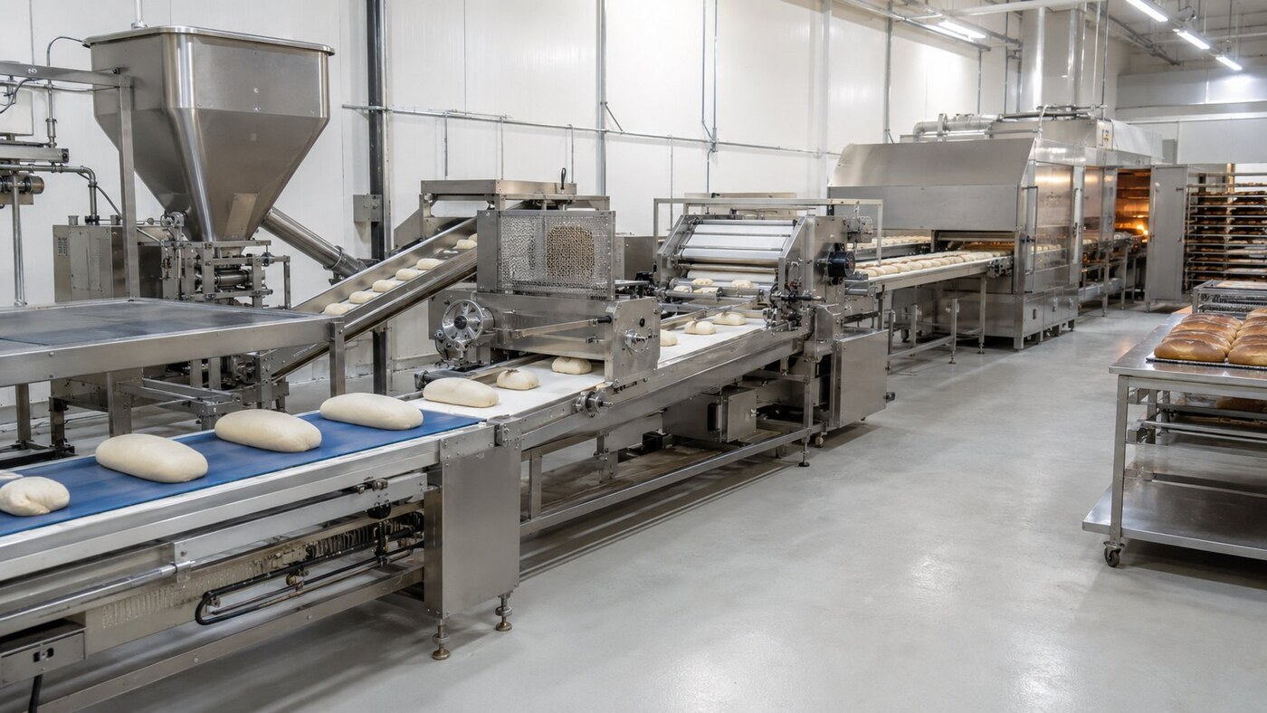 GRACE industrial bakery production line with continuous conveyor and tunnel oven