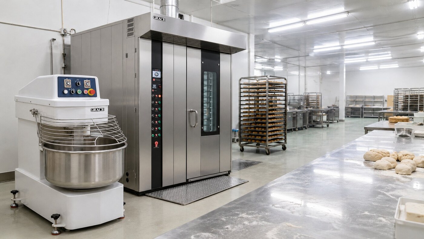GRACE retail bakery production line with spiral mixer and rotary rack oven
