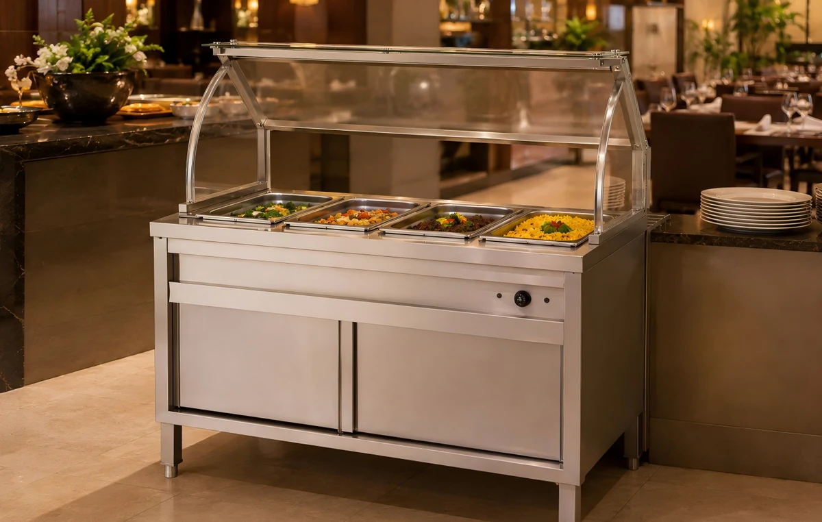 GR-BM1200 floor-standing bain-marie counter with tempered glass sneeze guard